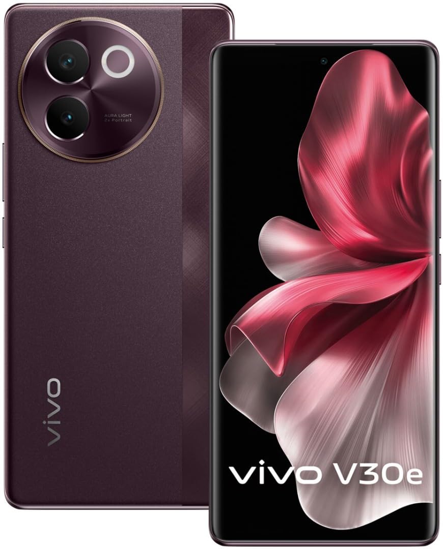 Vivo V30e 5G Smartphone - Vivo smartphone with 6.78" display, Dual: 50 MP, f/1.8, 26mm (wide), 1/1.95", 0.8µm, PDAF, OIS (India only); 8 MP, f/2.2, 120˚ (ultrawide), 1/4.0", 1.12µm